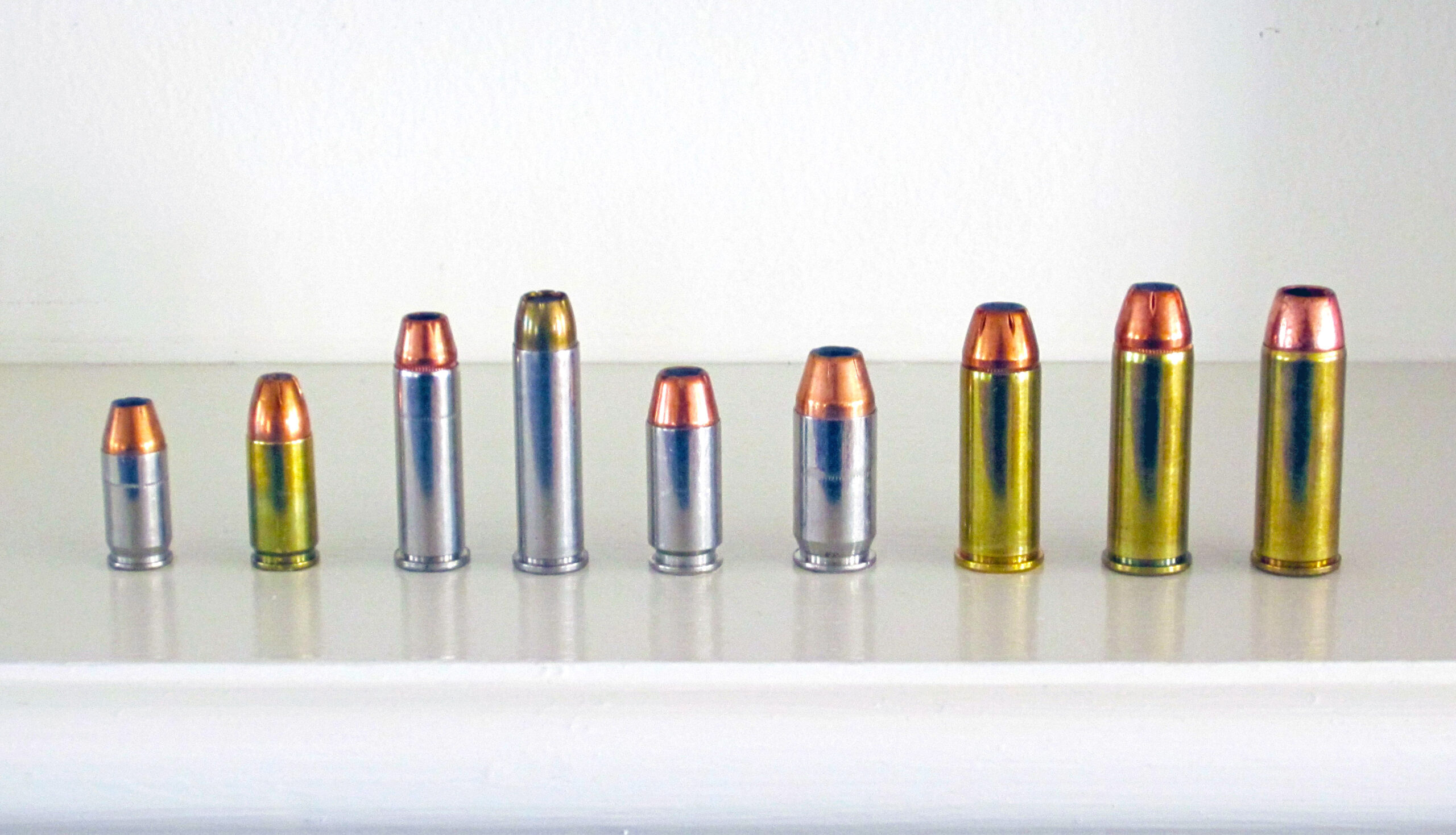 From L to R; .380 ACP, 9 mm Luger, .38 Special, .357 Magnum, .40 S&...