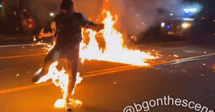 [VIDEO] Rioter Hit With Molotov Cocktail Meant For Police, Set On Fire, Police Come To His Aid