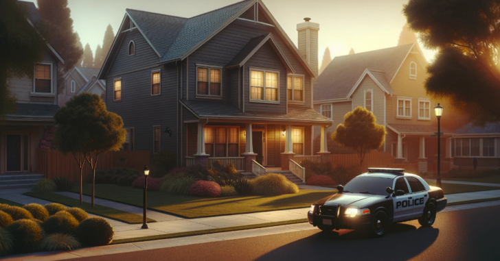 Early dawn in a suburban neighborhood featuring a two-story house with a well-kept lawn and trees. A police car is present in the background, parked with its lights off, conveying a sense of calm vigilance.