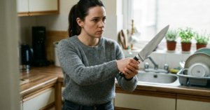 Woman holding knife in kitchen