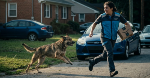 Delivery person running with dog