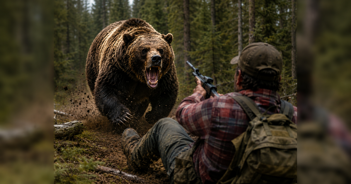 Bear charging at a startled hunter.