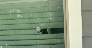 Broken window with bullet hole