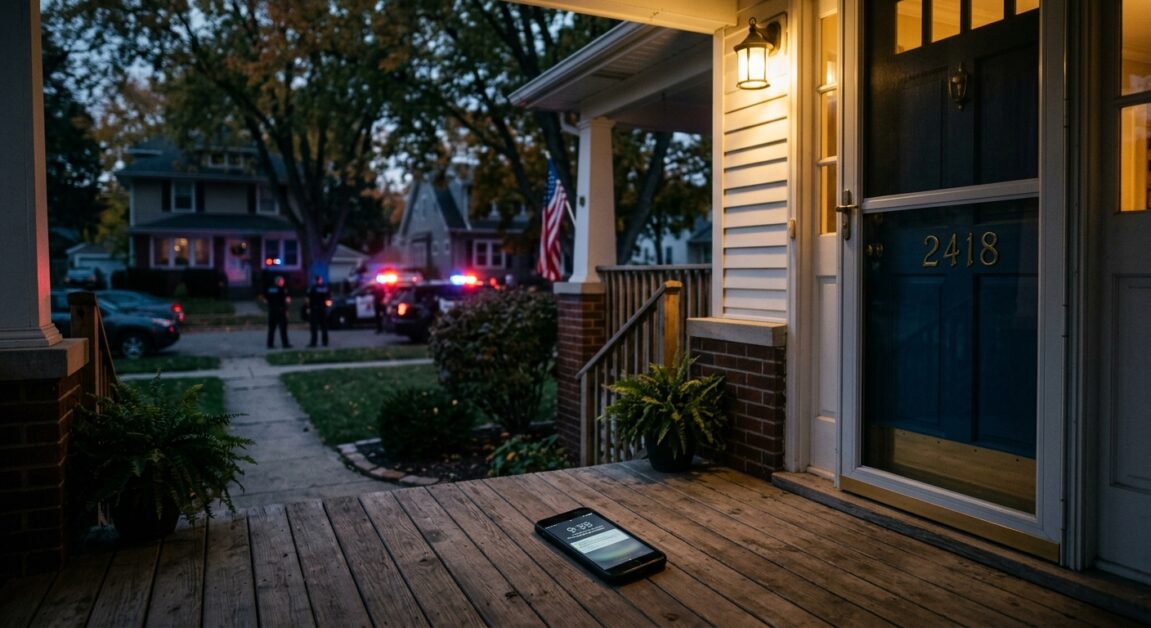 A smartphone lies on a porch at dusk with police cars and officers visible on the suburban street in the background