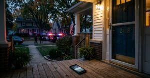 A smartphone lies on a porch at dusk with police cars and officers visible on the suburban street in the background