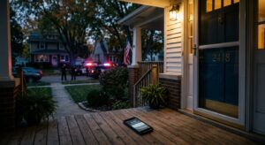 A smartphone lies on a porch at dusk with police cars and officers visible on the suburban street in the background