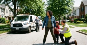 A woman stands protectively over a child as a man in a safety vest kneels nearby and a County Animal Control van approaches