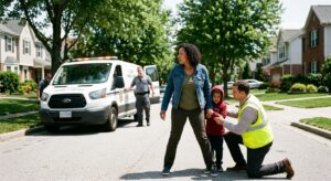 A woman stands protectively over a child as a man in a safety vest kneels nearby and a County Animal Control van approaches