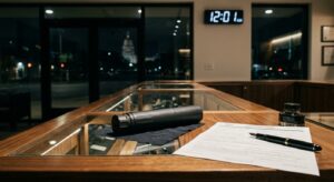 A firearm suppressor on a counter next to a transfer application form and a pen at 12:01 AM
