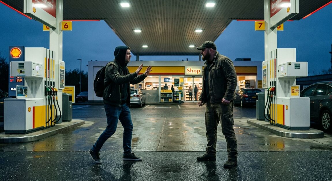 A man in a hoodie holds his hands up defensively while facing a confrontational man at a gas station at night