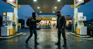 A man in a hoodie holds his hands up defensively while facing a confrontational man at a gas station at night