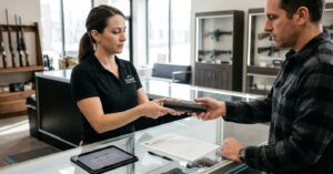 A store employee hands a suppressor to a customer over a counter in a gun shop