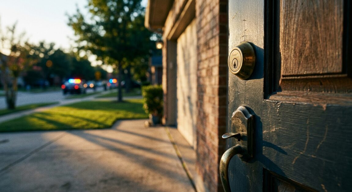 An open front door revealing police cars with emergency lights parked outside on a suburban street