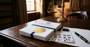 Legal expungement document with a gold seal, FD-258 fingerprint card, and scales of justice on a wooden desk