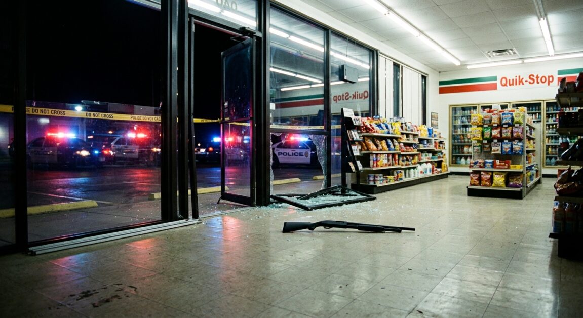 Shotgun on the floor of a convenience store with shattered glass and police cars with flashing lights outside