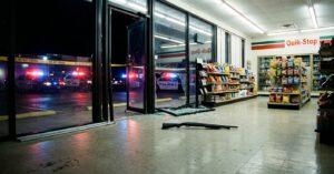 Shotgun on the floor of a convenience store with shattered glass and police cars with flashing lights outside