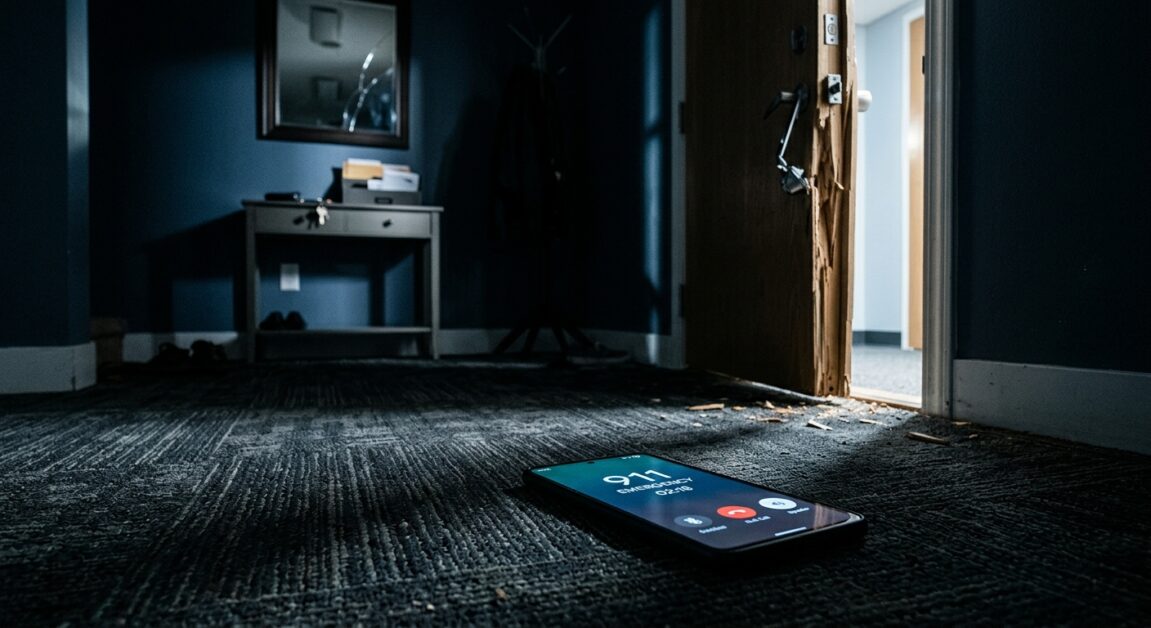 Smartphone on the floor showing an active 911 call in front of a splintered, forced-open door