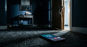 Smartphone on the floor showing an active 911 call in front of a splintered, forced-open door