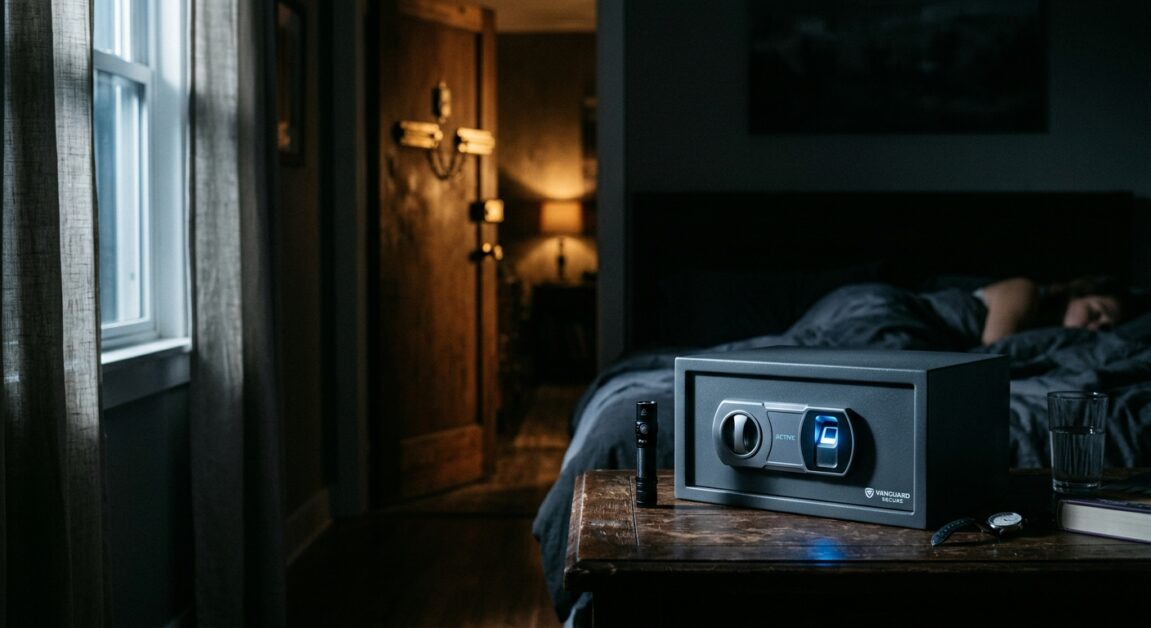 Vanguard Secure biometric safe with an illuminated fingerprint scanner on a nightstand in a dim bedroom
