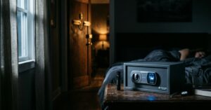 Vanguard Secure biometric safe with an illuminated fingerprint scanner on a nightstand in a dim bedroom