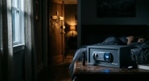 Vanguard Secure biometric safe with an illuminated fingerprint scanner on a nightstand in a dim bedroom