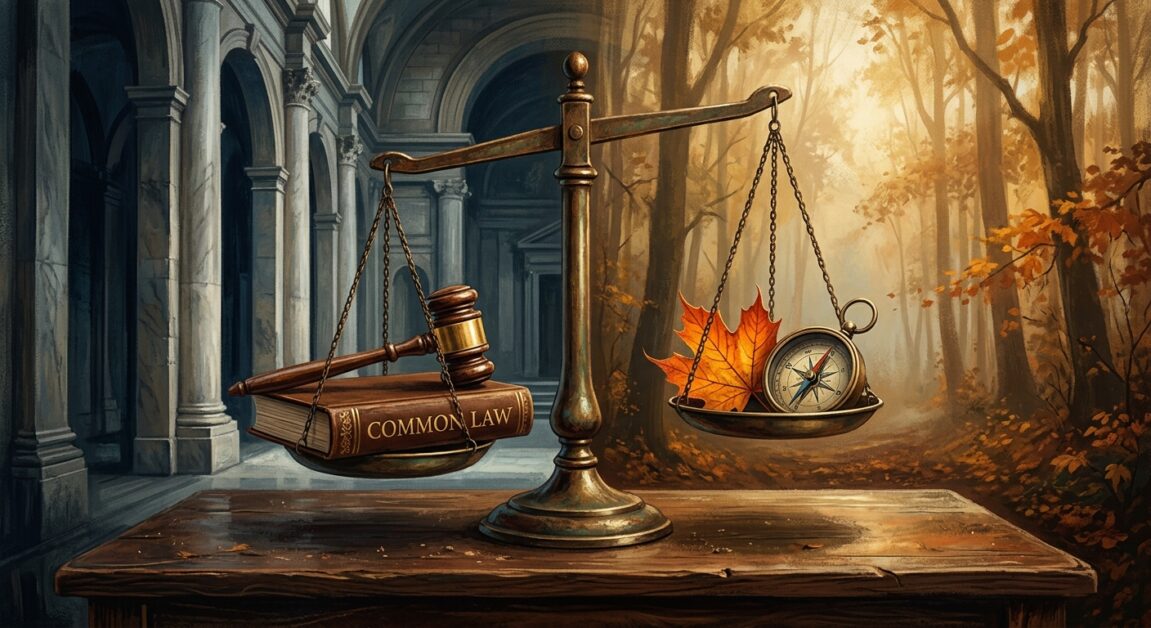 A balance scale weighing a Common Law book and gavel against an autumn maple leaf and a compass