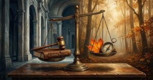 A balance scale weighing a Common Law book and gavel against an autumn maple leaf and a compass