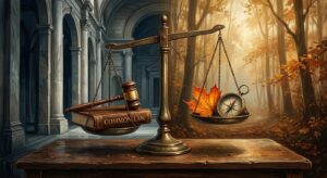 A balance scale weighing a Common Law book and gavel against an autumn maple leaf and a compass