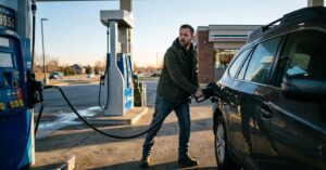 A man fueling his car at a gas station looks back over his shoulder with a cautious expression