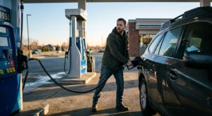 A man fueling his car at a gas station looks back over his shoulder with a cautious expression