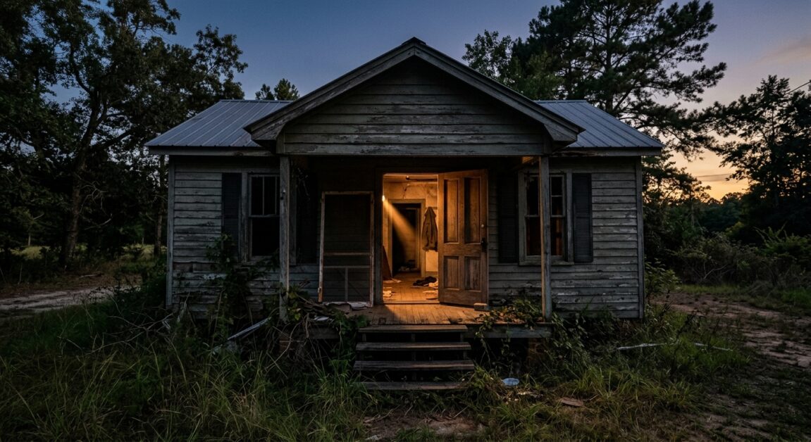 An old wooden house at dusk with an open front door casting a warm beam of light onto the porch steps