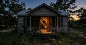An old wooden house at dusk with an open front door casting a warm beam of light onto the porch steps