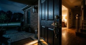An open front door at night with splintered wood around a damaged lock, showing signs of forced entry
