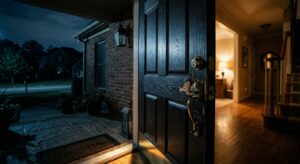 An open front door at night with splintered wood around a damaged lock, showing signs of forced entry