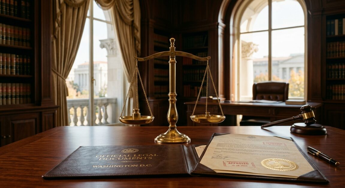 Brass scales of justice, a gavel, and open official legal documents on a wooden desk in a law office
