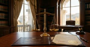 Brass scales of justice, a gavel, and open official legal documents on a wooden desk in a law office