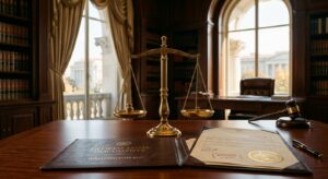Brass scales of justice, a gavel, and open official legal documents on a wooden desk in a law office