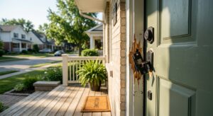 Damaged wooden door frame and broken lock mechanism on a green front door showing signs of forced entry