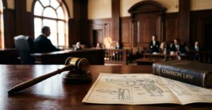 A wooden gavel, a firearm diagram, and a Common Law book on a wooden desk in a courtroom