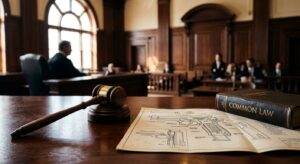 A wooden gavel, a firearm diagram, and a Common Law book on a wooden desk in a courtroom