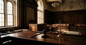 A wooden gavel and brass scales of justice resting on a table in an empty, wood-paneled courtroom