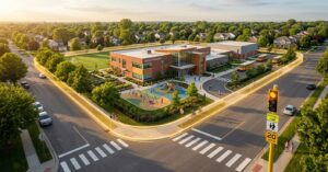 Aerial view of Greenwood Academy campus with a glowing safety perimeter around the building, playground, and crosswalks