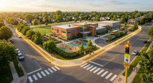 Aerial view of Greenwood Academy campus with a glowing safety perimeter around the building, playground, and crosswalks