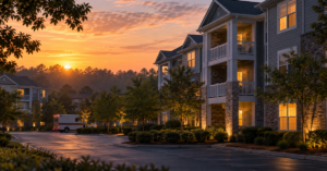 AI-generated symbolic illustration of a generic apartment complex at dawn with an unmarked emergency vehicle, not the actual Danube Lane property.