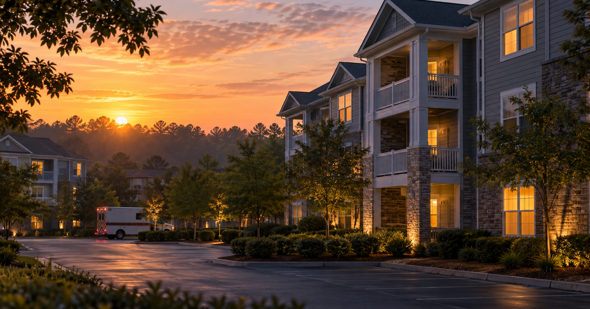 AI-generated symbolic illustration of a generic apartment complex at dawn with an unmarked emergency vehicle, not the actual Danube Lane property.
