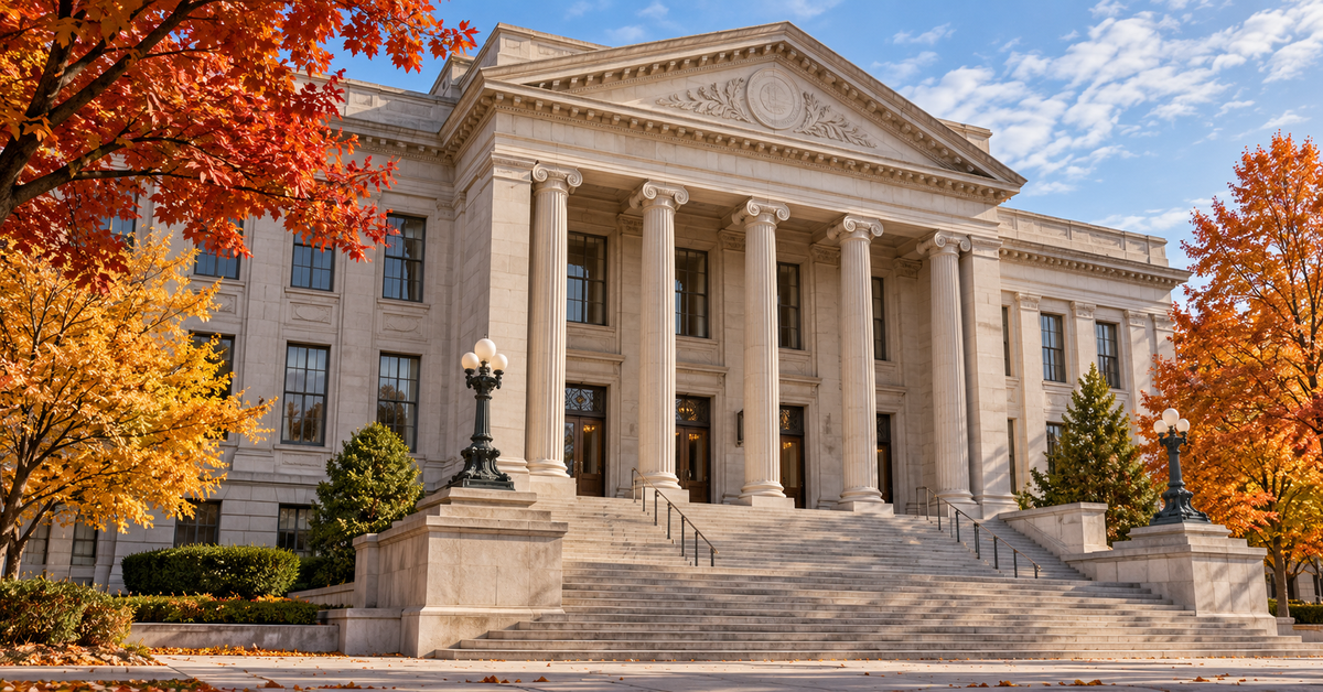 AI-generated symbolic illustration of an imaginary limestone courthouse in autumn, not the actual court or a documentary photograph.